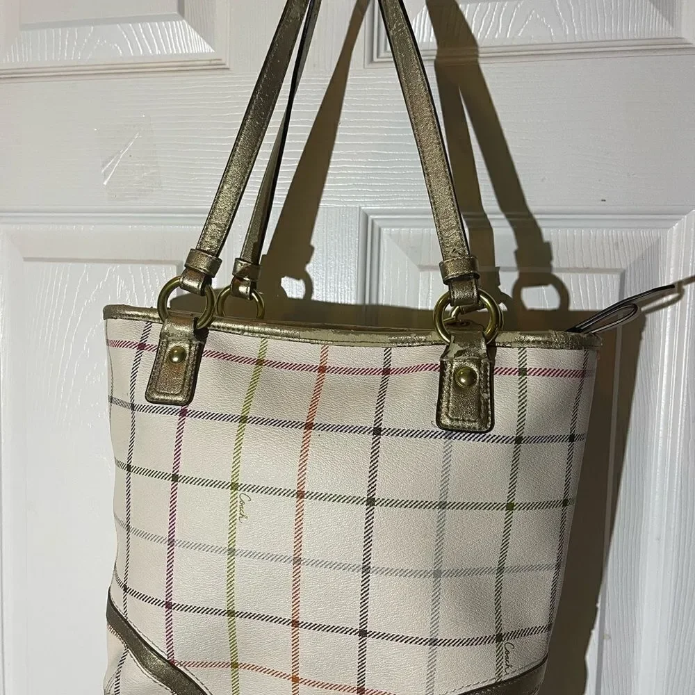 Coach Peyton Tattersal PVC Beige Plaid  Shoulder Purse gold trims & straps